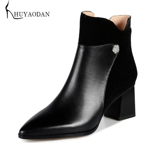 Patchwork Women Genuine Leather Suede Boots Pointed Toe High Heel Platform 2021 Autumn Winter Concise Fashion Ladies Ankle Shoes