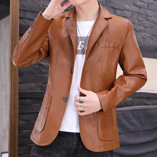 Faux Leather Blazer Jacket Men Vintage Slim Fit Suit Coat Khaki Red Black 2020 New British Solid Casual Blazers Windbreaker Man