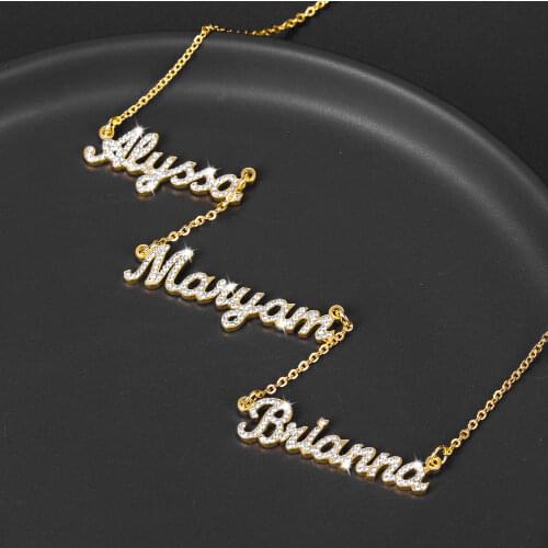Personalized Three Names Iced Out Necklace Custom BlingBling Stainless Steel Letter Nameplate Charm Gift For Women Jewelry