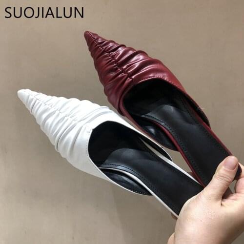 SUOJIALUN Fashion Brand Women Slipper Pointed Toe Slip On Mules Thin Low Heel Slides Shoes Pleated Design Sandal Flip Flops