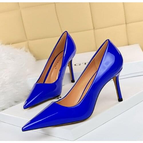 2021 New Women Yellow Blue 8.5cm High Heels Pumps Patent Leather Female Scarpins Office Pointed Toe Tacons Pumps Shoes Plus Size