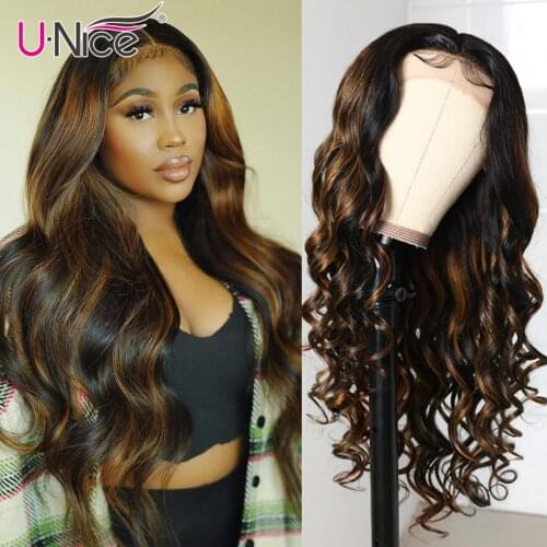 Unice Hair Highlight Wig Brazilian Body Wave T Part Lace Wig Human Hair 150% Density 13x1 Pre plucked Lace Part Wigs 14-26inch