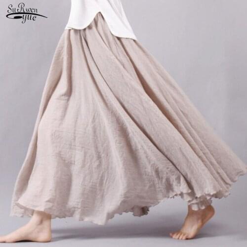 2021 Summer Autumn Women Casual Cotton Linen Skirt Fashion Elastic Waist Skirts Womens A- Line Long Skirts Solid Skirts 9957