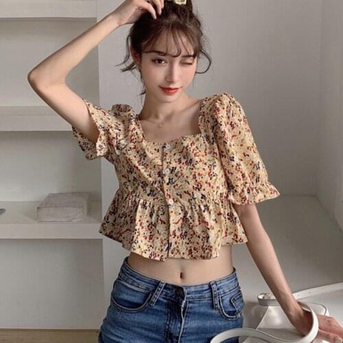 Summer Short Chiffon Shirt Womens Fashion Floral Print Square Collar Sweet Puff Sleeve Top