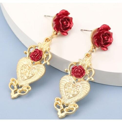 Hot Gold Color Love-shaped Red Rose Pendant Geometric Drop Earrings for Women Girl Fashion Blue Eye Jewelry
