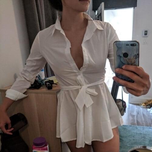 Meihuida Women Sexy Fashion White Long Sleeve Button Turn-down Collar Mini Dress Blouses With Belts OL Charming Elegant Wear