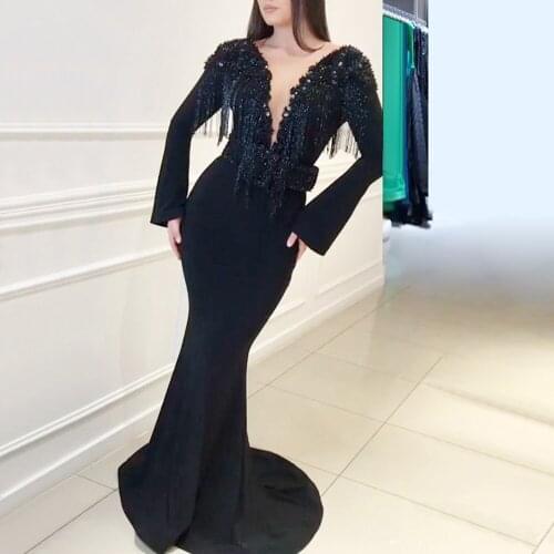 Black Evening Dresses Mermaid Deep V-neck Long Sleeves Beaded Backless Dubai Saudi Arabia Long Prom Dress Gown Robe De Soiree