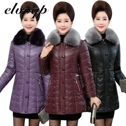 Plus Size 5XL Winter Women Parkas Jacket New PU Leather Jacket Coats Middle-aged Mother Clothing Thicke Warm Down Cotton Jacket