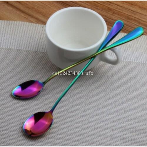 100pcs Stainless Steel Rainbow Long Handled Spoon Mixing Mixed Coffee Spoons Fruit Ice Cream Dessert Tea Spoons Drinking Tools