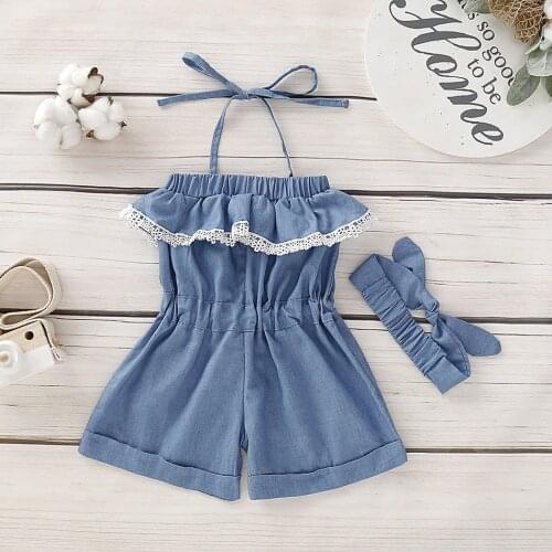 2021 New Fashion Summer Children Clothing Baby Girl Spin Denimen Hanging Jumpsuit + Headband 2 pieces set Princess Lace RM060