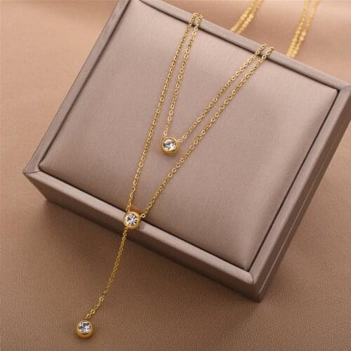 316L Stainless Steel Upscale 2 Layer Embedded Zircon Sexy Tassel Charms Chain Choker Necklace For Women Fashion Trend Jewelry