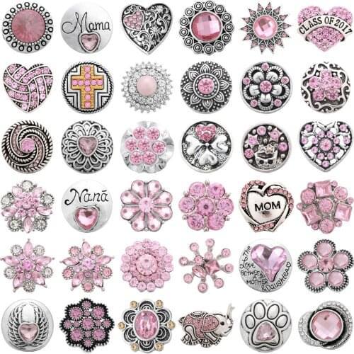5pcs/lot Mixed Snap Jewelry Wholesale Pink Rhinestone Metal 18mm Snap Buttons Fit DIY Snap Button Bracelet Bangle Necklace