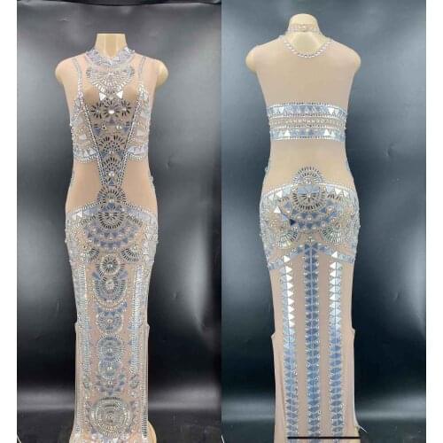 Sparkly Silver Mirrors Rhinestones Dress Prom Evening SexyTransparent Mesh Costume See Through Birthday Party Sleeveless Dress