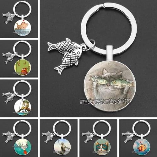 Naughty Cat and Fish Glass Pendent Keychain Cute Cat Who Wants To Eat Fish Key Rings for Women and Cute Girl