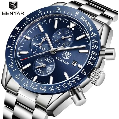 BENYAR Mens Business Stainless Steel Quartz Watch Brand Luxury Chronograph Waterproof Sports Watch Clock Relogio Masculino