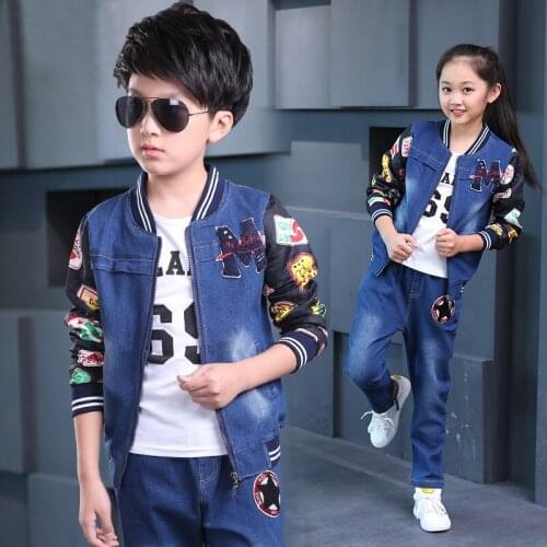 Childrens clothes big girls suits spring 2019 kids denim sets jeans pants boys casual outerwear jackets autumn cartoon clothing