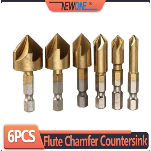6PCS 5 Flute Chamfer Countersink 1/4" Hex Shank HSS 90 Degree Wood Chamfering Cutter Chamfer 6mm-19mm Countersink Drill Bit