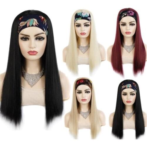 Hywamply 20" Long Silky Straight Headband Wig for Women Synthetic 3/4 Wigs with Headband Hair Loss Wigs Black Blonde Band Wig