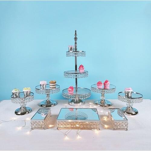 3pcs-9pcs Metal Electroplate Mirror Cake Stand Set Display gold silver crystal cupcake plate