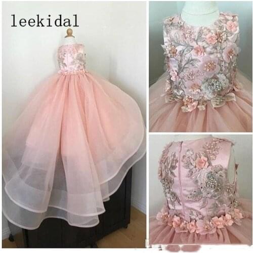 Pink Lace Beaded 2020 Flower Gilr Dresses Tiers Ball Gown Little Girl Wedding Dresses Cheap Beautiful Child Pageant Dresses Gown