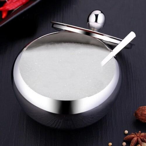Kitchen Stainless Steel Sugar Bowl With Lid And Spoon Portable Sugar Box Container Cooking Sugar Seasoning Jar Storage Bottle