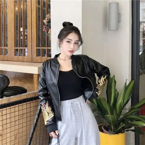 Pu Leather Jacket Autumn Outwear Women Motorcycle Embroidery Print Short Faux Leather Jacket Coat Punk Style Female