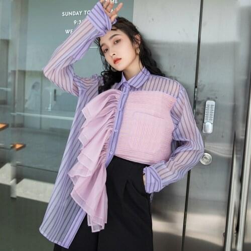 JSXDHK Fashion Designer Women Pink Ruffles Loose Shirt Spring Chiffon Striped Patchwork Organza Button Up Casual Blouses Femme