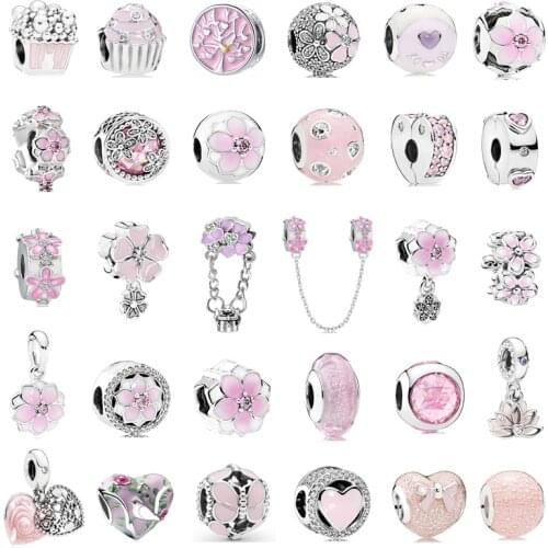 New Fashion Charm Original Pink Peach Blossom Butterfly Love Series Beads Suitable for Original Pandora Ladies Bracelet Jewelry