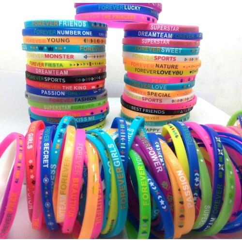 Bulk lots 100pcs/lot Multi-design Mix Silicone Charm Bracelets Forever Wristbands Wholesale Colorful Jewelry