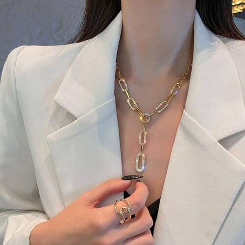 TARCLIY New Trendy Geometric Metal Thick Chain Necklace Simple Temperament Rhinestone Clavicle Sweater Chain Women Jewelry