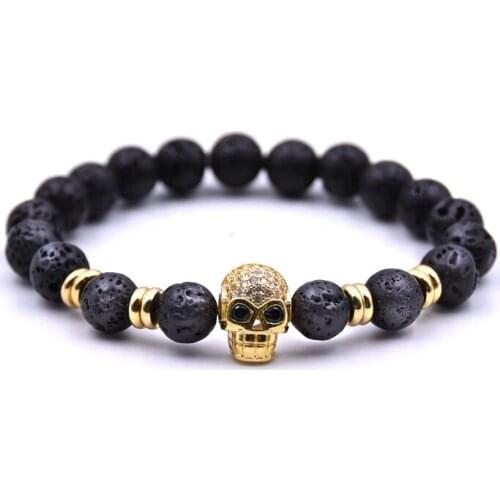 2021 Luxury Skull Mens Crown Bracelet Vintage 8mm Lava Stone Pave Zircon Stranded Wire Bracelet Mens Jewelry Gift
