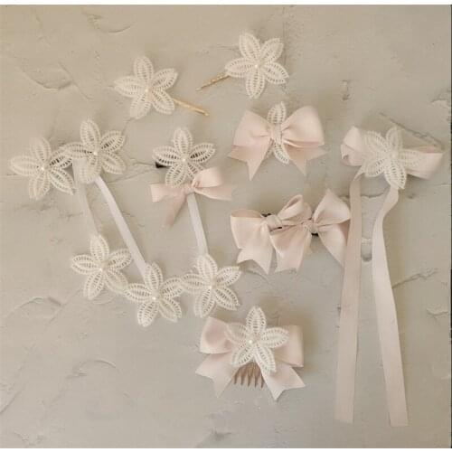 Handmade Pink Lolita Headwear Sweet Bowknot Lace Necklace Hairpin Side Clip Headwear Props D607