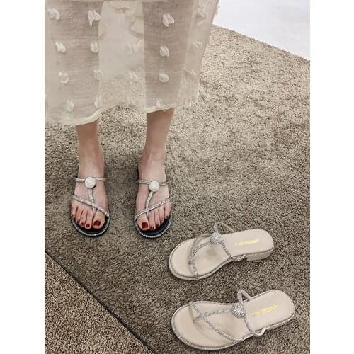 Slippers Womens Shoes 2021 New Summer Fashion Flashing Diamond Set Toe Low-heel Beach Shoes