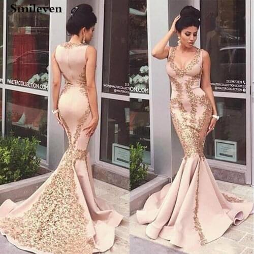 Smileven Formal Evening Dress Champagne Mermaid Prom Gowns V Neck Evening Party Dress Robe De Soiree