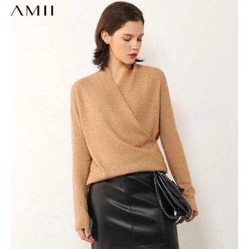 Amii Minimalism Autumn Winter Sweaters For Women Fashion Solid Vneck Wool Womens Sweater Female Pullover Tops 12040714