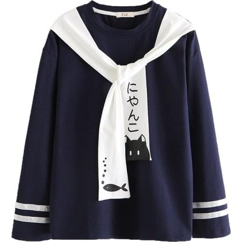 Women Sweatshirts Cartoon Cat Print Lace Up Pullover Hoodies Long Sleeve O-neck Harakuju Pullover Korean Style Female Tracksuits