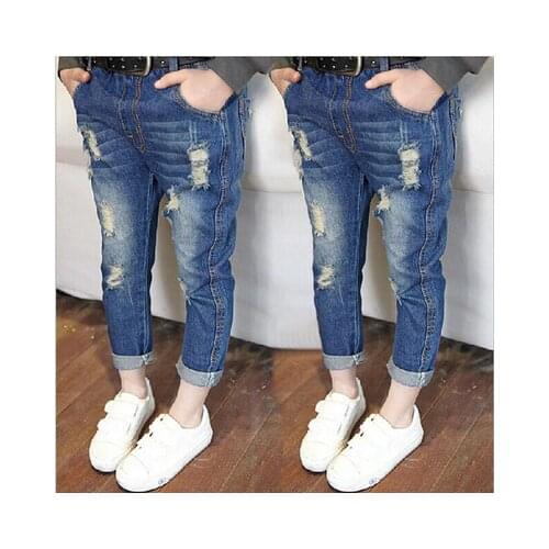 2017 spring autumn kids jeans pant girl hole denim trousers cool design