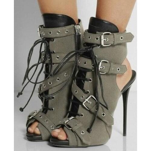 Women buckle High Heel Ankle Boots Peep Toe Lace Up Booties For Woman Cut-out Gladiator Dress shoes woman Size 34-42 Free S