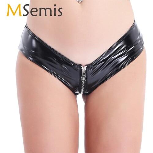 Women Lingerie Wet Look Patent Leather Bikini Briefs Sexy Rave Pole Dance Booty Panties Clubwear Zippered Open Crotch Underwear
