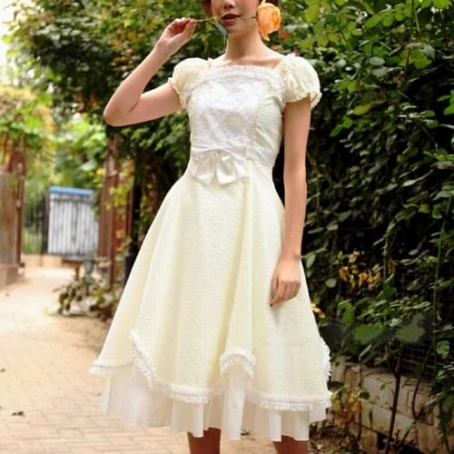 Vintage Palace Women Lolita A-line Dress Western Sweet Princess Lolita Costume Casual Short Sleeve Cotton Lace Flounced Dresses
