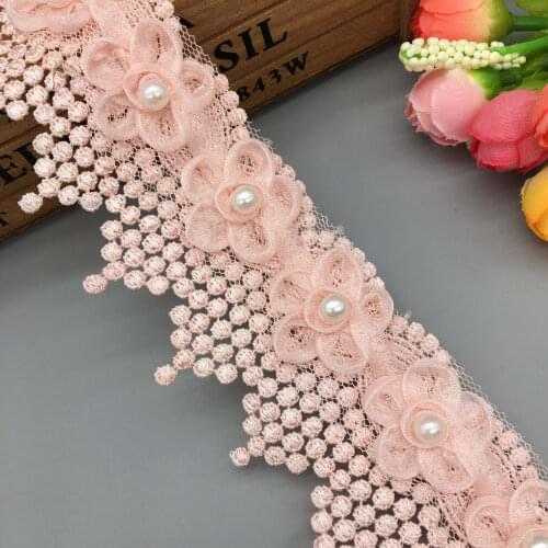 1 Yard Pink Sequin 3D Plum Flowers Pearl Beaded Lace Trimmings Ribbons Lace Fabric Embroidered Sewing DIY Wedding Dress