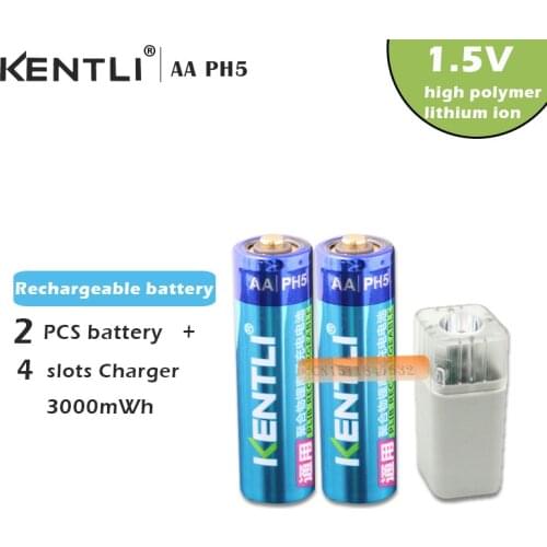 2pcs KENTLI 1.5v 3000mWh Li-polymer li-ion lithium rechargeable AA battery batterie + 4 slots Charger w/ LED flashlight