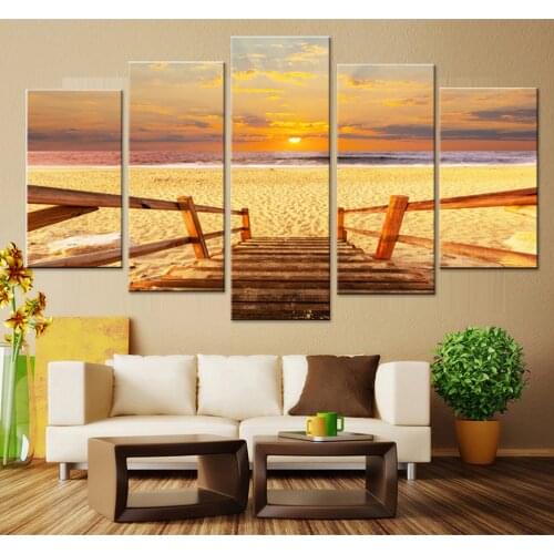 Home Decor Wall Art Living Room Modular Pictures 5 Panel Sunset Beach Landscape Framework Painting HD Printed Canvas Posters