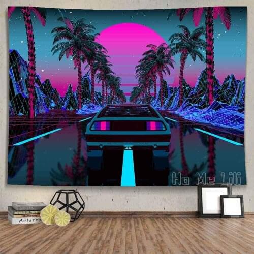Futuristic Tapestry 1980s Science Fiction Super Sports Car Forest Road Suitable For Home Decor