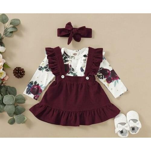 0-24M Toddler Clothing Newborn Baby Girl Long Sleeve Floral Romper Jumpsuit Tops Suspender Skirts Bow Headband 3pcs Outfits Set