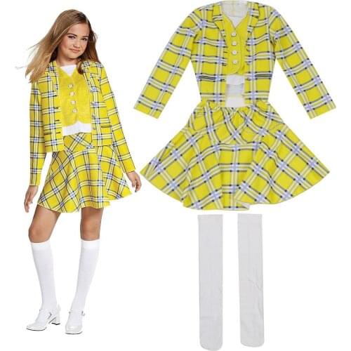 Teenage Girls Clueless Cher Horowitz Costume 2 Piece Outfit Movie Alicia Silverstone Carnival Birthday Party Plaid Dress Cosplay