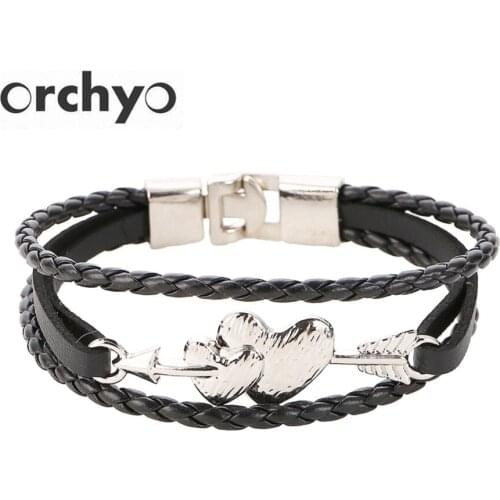 ORCHYO Trendy Love Heart Black Bracelets Layered Braided Cupid Arrow Cuff Bangle Faux Leather Men Jewelry Wholesale