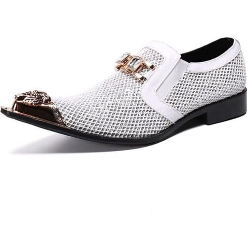 2021 White Mens Formal Shoes Metal Pointed Business Mens Wedding Shoes Genuine Leather Mens Banquet Shoes Zapatos Hombre