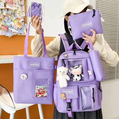 New 4 Pcs Sets Purple Colour Childrens School Backpack Kawaii Womens Backpack Bookbag School Bags for Teenage Girls Mochila