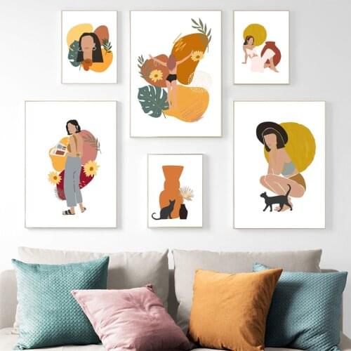 Vase Leaf Cat Women Abstract Wall Art Canvas Painting Nordic Posters And Prints Wall Pictures For Living Room Bohemian Decor